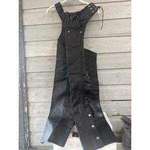 Vintage Black Leather Motorcycle Chaps, Zip Legs, Womens Size S Made in Pakistan